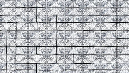 Wall Mural - Seamless abstract mosaic grey gray white concrete stone cement wall texture, with ornate flower leaf pattern print tile wallpaper wide background panorama