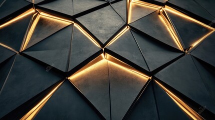 Poster - Abstract geometric wall with illuminated edges showcasing a modern design featuring triangular shapes and dark surfaces that create a striking visual aesthetic.