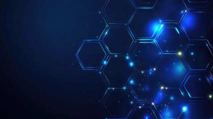 Poster - Futuristic Hexagonal Pattern with Blue Lights and Sparkles on a Dark Background for Technology, Science, and Innovation Concepts