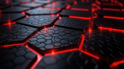 Poster - Abstract futuristic background with glowing red lines on dark surface, featuring hexagonal shapes and intricate patterns for technology and science themes