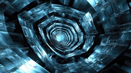 Poster - Abstract digital tunnel with brilliant blue and black geometric shapes creating a hypnotic spiral effect, symbolizing depth and futuristic technology exploration in art.