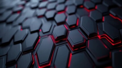 Poster - Futuristic Hexagonal Pattern with Glowing Red Elements on a Dark Surface, Ideal for Technology or Sci-Fi Themed Projects and Backgrounds
