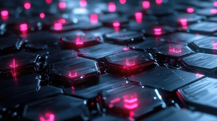 Poster - Glowing Hexagonal Patterns with Neon Accents in a Futuristic Digital Landscape, Perfect for Technology, Science Fiction and Abstract Backgrounds