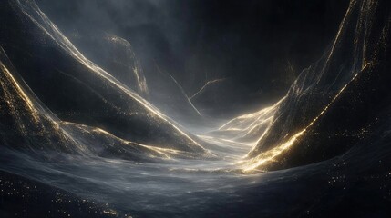 Poster - Majestic Dark Landscape with Glowing Golden Veins and Ethereal Waters Flowing Through Mysterious Mountains Under Starry Night Sky