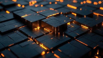 Poster - Abstract digital landscape featuring glowing elements between dark geometric blocks, creating an intriguing and futuristic visual texture for technology and design projects