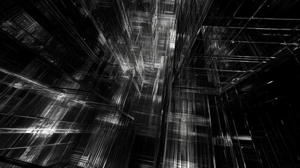Poster - Abstract futuristic structure with sharp lines and geometric patterns creating a sense of depth and perspective in a black and white color scheme