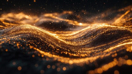 Poster - Abstract shimmering golden waves with glowing particles, creating a mesmerizing visual effect of light and texture in a dark background environment