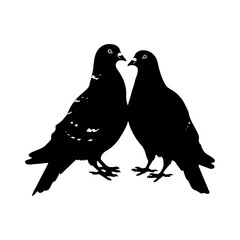 Two black pigeons are depicted in a minimalist graphic style on a white background, representing love and companionship. Illustration for Wedding day, Valentine's day.