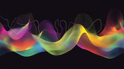 Poster - Abstract Colorful Waveforms on Black Background Representing Sound Waves, Music Frequencies, Vibrant Flow of Energy and Dynamic Motion in Artistic Visualization