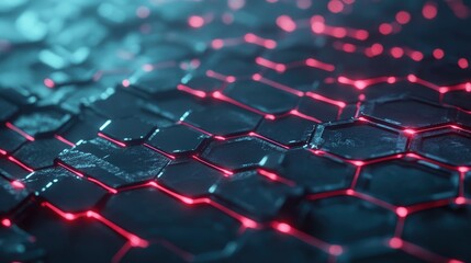 Poster - Futuristic Hexagonal Patterns With Glowing Neon Edges on a Dark Surface for High-Tech Backgrounds and Digital Designs
