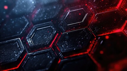 Poster - Abstract hexagonal background with glowing red accents and water droplets, showcasing intricate textures, depths, and vibrant colors creating a modern high-tech feel.