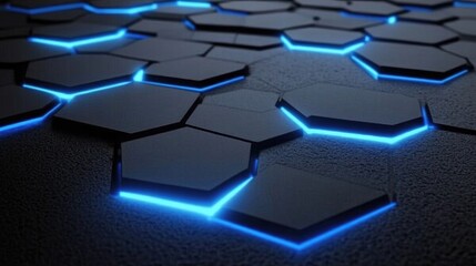 Poster - Futuristic Hexagonal Pattern with Neon Blue Glow on Dark Textured Surface for Modern Technology Background or Digital Design Project