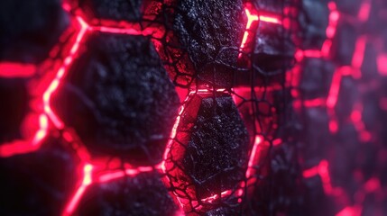 Poster - Abstract neon hexagonal patterns on textured surface with glowing red accents creating a futuristic and dynamic technological background for digital art use