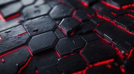 Aufkleber - Close-Up of Futuristic Hexagonal Patterns with Glowing Red Light and Textured Surface Ideal for Technology Backgrounds and Digital Art Projects