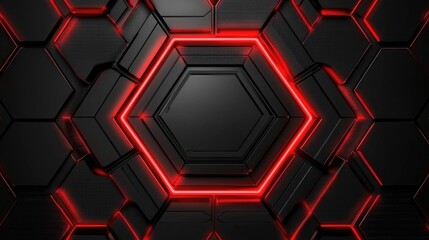 Poster - Futuristic Hexagonal Pattern with Neon Red Light Accents on Dark Background, Evoking Technology and Modern Design for Creative Projects