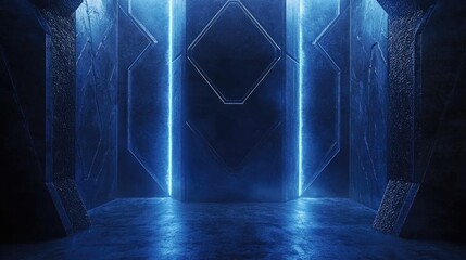 Aufkleber - Futuristic Science Fiction Corridor with Neon Blue Lights and Textured Walls Ideal for Conceptual Art, Technology Design, or Gaming Backgrounds