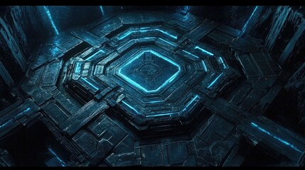 Poster - Futuristic Abstract Interior with Glowing Blue Lights and Complex Geometric Patterns Set in a Dark Environment, Evoking a Sci-Fi Atmosphere of Advanced Technology