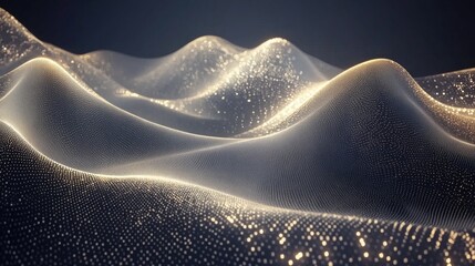 Poster - Abstract Waves of Light and Texture in a Digital Landscape with Glittering Particles Creating Depth and Dimension in a Beautifully Rendered Environment