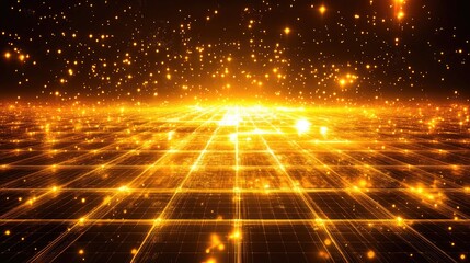 Poster - Glittering Golden Grid in a Starry Universe, Abstract Digital Background with Radiant Lights and Sparkling Particles on a Futuristic Horizon