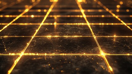 Poster - Abstract golden grid pattern on a reflective surface creates a stunning visual of illumination and elegance, perfect for backgrounds and technology concepts.