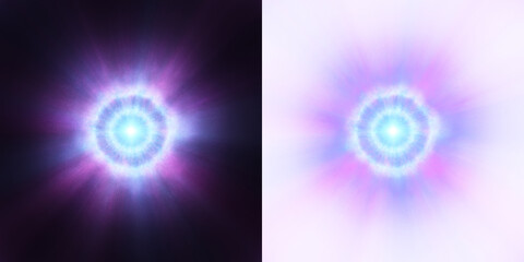 Poster - A radiant blue and purple energy burst with soft light rays, emanating from a central point on a dark background, accompanied by a transparent alpha version for versatile use
