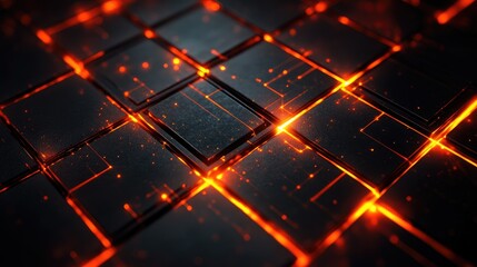 Poster - Abstract Background of Glowing Red and Orange Squares with Bright Sparks on a Dark Surface, Perfect for Technology, Sci-Fi, or Futuristic Themes