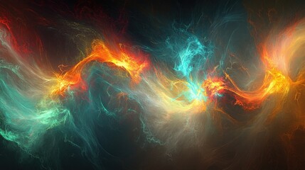 Poster - Abstract Swirling Energy Forms in Vibrant Colors Creating a Dynamic Background with Fluid Motion and Ethereal Lights in Blue, Orange, and Turquoise Shades
