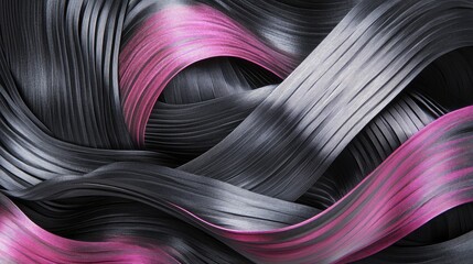 Poster - Abstract composition of flowing ribbons with contrasting black and vibrant pink colors, showcasing smooth textures and dynamic movement for creative projects.