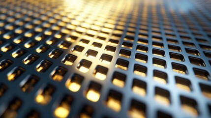 Poster - Close-up View of a Metallic Perforated Surface with Reflected Light, Showcasing Texture and Shadows in a Modern Industrial Design