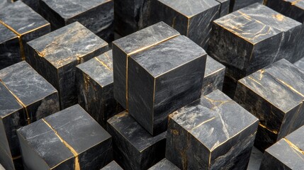 Aufkleber - A Stunning Collection of Dark Marble Cubes with Striking Gold Veins Arranged in a Pattern for a Luxurious and Modern Aesthetic in Interior Design Projects