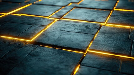 Poster - Futuristic Tile Floor with Glowing Edges in a Dark Environment, Perfect for Science Fiction or High-Tech Backgrounds and Design Projects