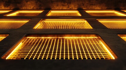 Poster - Intricate Design of Illuminated Grids with Golden Highlights and Textured Surface, Capturing Modern Aesthetics and Industrial Beauty in a Unique Perspective