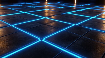 Poster - Futuristic Neon Grid with Illuminated Blue Lines on Floor Surface in Dark Environment for Sci-Fi and Technology Themes