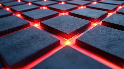 Poster - Modern Abstract Background of Illuminated Tiles with Vibrant Red Light Fixtures Emitting a Futuristic Glow on a Dark Surface Inside a Digital Environment