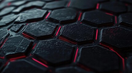 Poster - Close-Up of a Futuristic Hexagonal Pattern with Glossy Surface and Neon Red Accents, Perfect for Backgrounds in Science Fiction Themes and High-Tech Designs