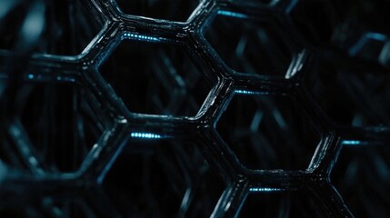 Poster - Abstract close-up of a futuristic honeycomb structure with illuminated edges, showcasing intricate geometric patterns and a dark aesthetic for modern design projects