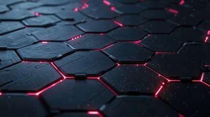 Poster - Futuristic Black Hexagonal Tiles with Glowing Red Edges, Ideal for Technology Backgrounds, Digital Designs, Sci-Fi Concepts, and Abstract Visuals