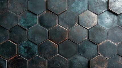 Poster - Dark Hexagonal Tiles with Rustic Texture and Metallic Finish Perfect for Modern Interior Designs and Architectural Backgrounds in Various Applications