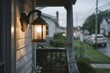© Ai Studio - A cozy porch light glows softly in the dusk, casting warm light over a quiet suburban street lined with homes and a stretch of greenery.