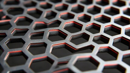Poster - Abstract close-up of textured metallic honeycomb pattern showcasing a modern design with sharp edges and contrasting colors for use in industrial or architectural projects.