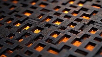 Poster - Close-up View of Intricate Black Metal Design with Glowing Orange Light Highlighting Geometric Patterns and Textures for Contemporary Aesthetic
