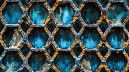 Poster - Intricate Hexagonal Pattern of Rusty Metal Grate Featuring Vibrant Blue Tones with Weathered Textures, Perfect for Industrial and Abstract Backgrounds