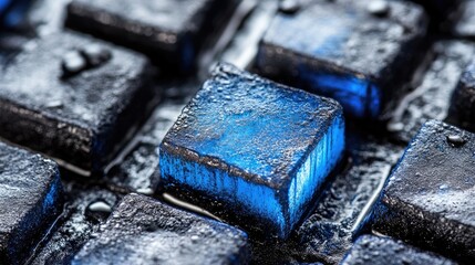 Poster - Close-Up View of Textured Blue and Black Surface with Glossy Finish, Highlighting the Intricate Patterns and Modern Aesthetic Appeal for Abstract Backgrounds
