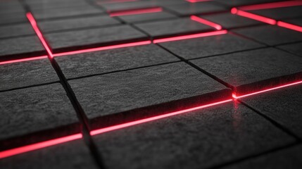 Poster - Dark Stone Surface with Glowing Red Lines Creating an Abstract Geometric Pattern Ideal for Backgrounds and Creative Design Projects