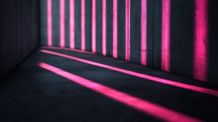 Poster - Abstract Interior Space Featuring Diagonal Pink Light Stripes Against Concrete Wall and Floor, Creating a Modern, Minimalistic Atmosphere with Soft Shadows