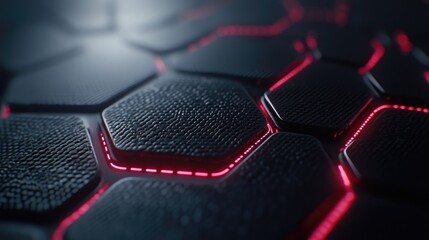 Poster - Abstract Hexagonal Background with Glowing Red Lines and Textured Black Surface for Futuristic Design and Technology Themes
