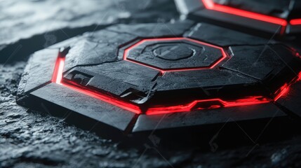 Poster - Abstract Technology Background with Futuristic Octagonal Shape and Neon Red Glow on a Dark Grungy Surface Ideal for Sci-Fi or Digital Themes
