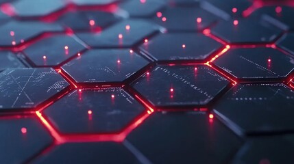  - Futuristic Hexagonal Pattern with Glowing Red Lights and Digital Elements, Ideal for Technology Backgrounds and Abstract Designs in Digital Media