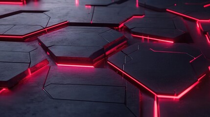 Poster - Futuristic Hexagonal Patterns with Glowing Red Accents on Dark Surfaces, Ideal for Technology and Sci-Fi Themes, Perfect for Digital Backgrounds and Graphics