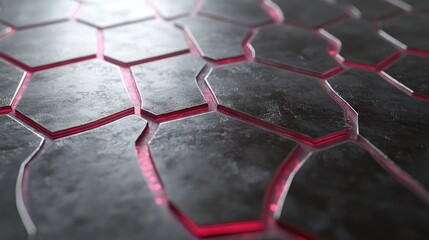 Poster - Abstract close-up of a hexagonal textured surface with illuminated red lines, showcasing modern design elements and futuristic aesthetic for backgrounds and wallpapers